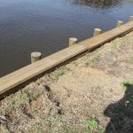 Notice how the ground is several inches below the cap? Not good! Soil and vegetation should be build up to where water can flow over the seawall and not pool up behind it.