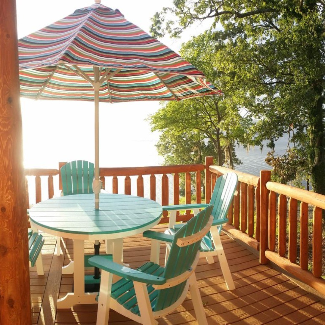 The furniture on the balcony at the Toledo Bend Cabin is made out of recycled milk jugs.  It's designed to hold its color because the color runs all the way through the material.

#ToledoBend #ToledoBendCabins #ToledoBendCabin