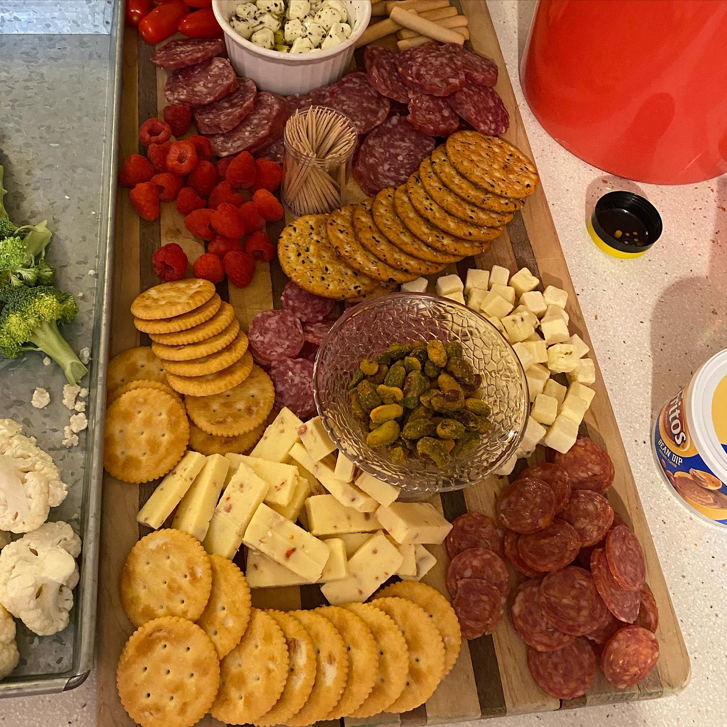 Make your favorite charcuterie board and bring it out to the cabin to feast on! We made this one and ate on it all day! Bring good food- good people and come out and have a GOOD time!! #goodtimes #goodfood #charcuterieboard #cabinfun #lakefun