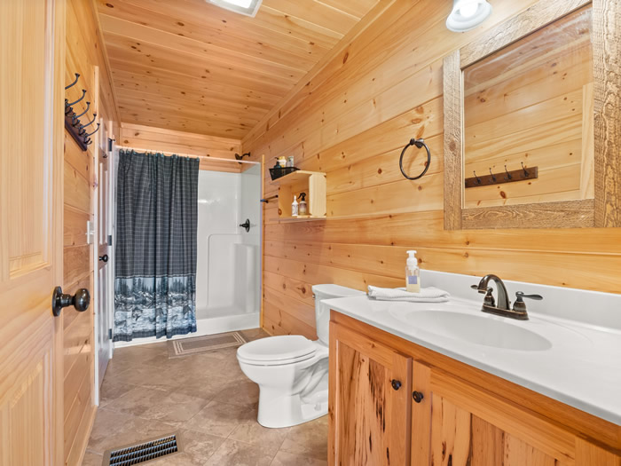 The downstairs bathroom has a single lavatory with a large stand up shower.