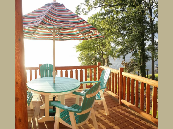 The brightly colored deck furniture is made from recycled milk jugs!