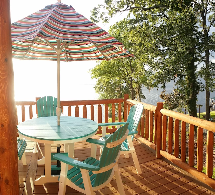 The brightly colored deck furniture is made from recycled milk jugs!