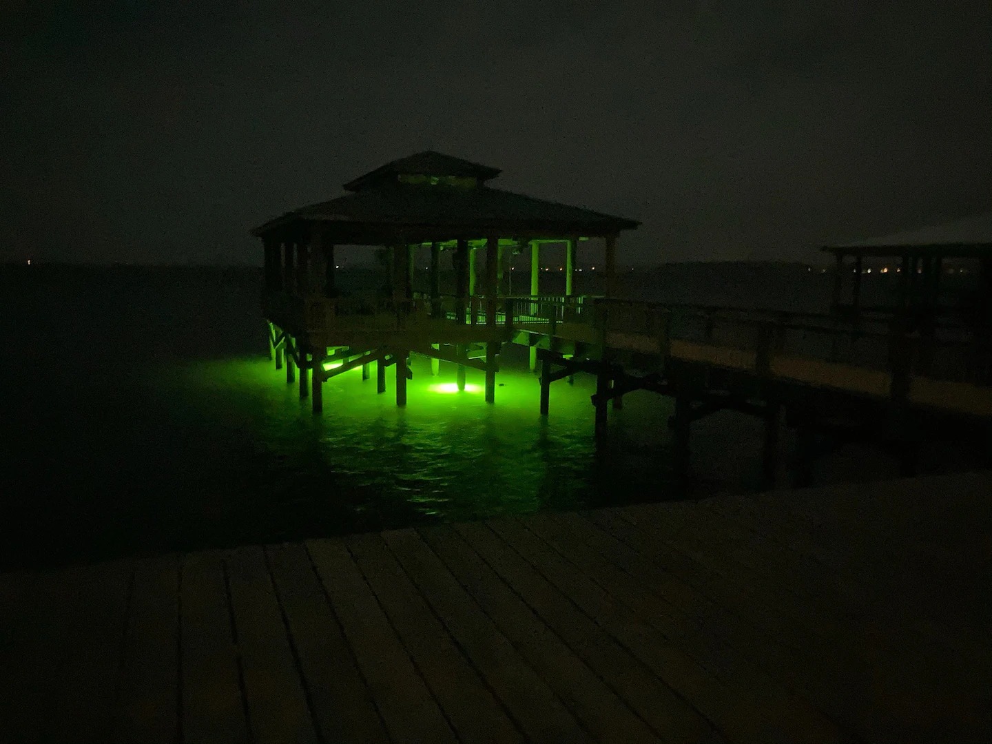 The boathouse has lights under it. Turn it on for ambiance and to lure fish in.